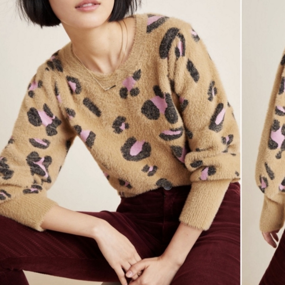 Leopard Fuzzy Eyelash Sweater XS - Anthropologie Dolan Nina Tiger Cat